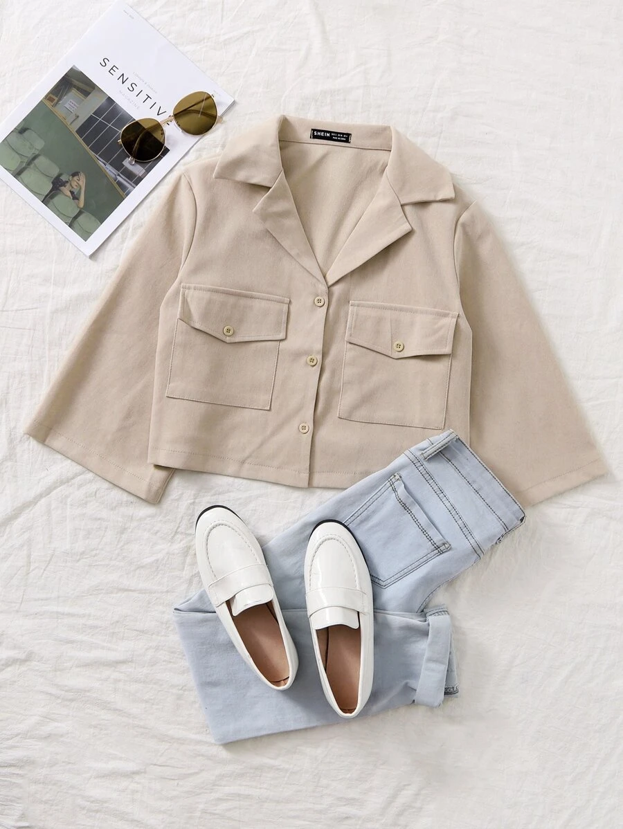 SHEIN Unity Áo sơ mi Túi Nút phía trước màu trơn Giải trí - Màu Khaki - Xem 1