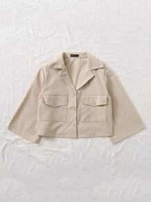 SHEIN Unity Áo sơ mi Túi Nút phía trước màu trơn Giải trí - Màu Khaki - Xem 3