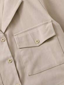 SHEIN Unity Áo sơ mi Túi Nút phía trước màu trơn Giải trí - Màu Khaki - Xem 4