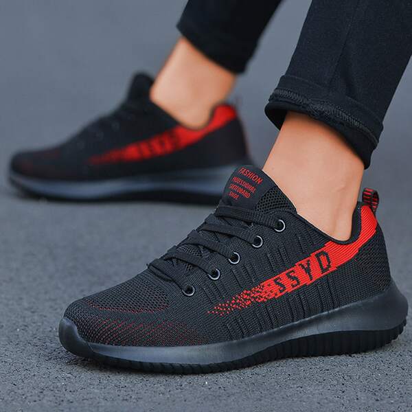 

Letter Graphic Lace-up Front Knit Running Shoes, Black