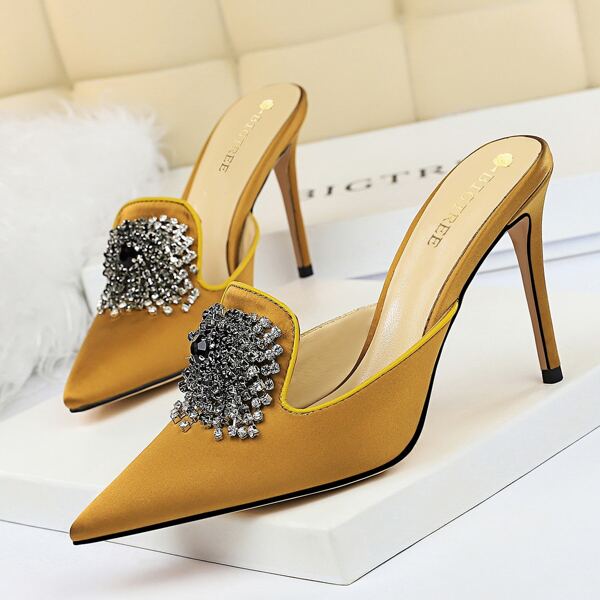 

Minimalist Rhinestone Decor Satin Stiletto Heeled Mules, Camel