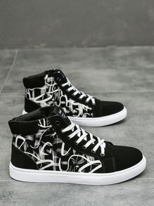 男士圖形高筒帆布鞋時尚街舞鞋,男性休閒鞋款