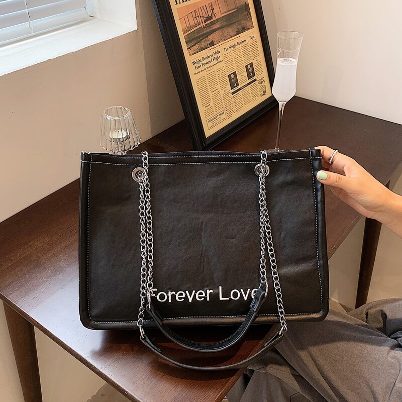 

Letter Embroidered Tote Bag, Black