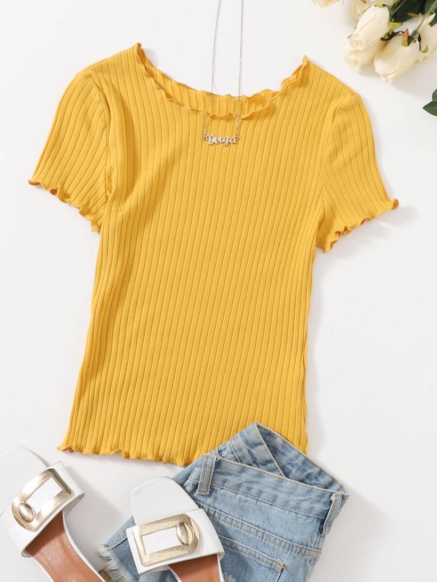 SHEIN EZwear Ribbed Lettuce-Edge Form-Fitting Top - Yellow - View 1