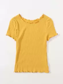 SHEIN EZwear Ribbed Lettuce-Edge Form-Fitting Top - Yellow - View 3