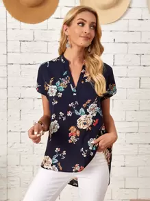 EMERY ROSE Camisa irregular de cuello notch floral - Multicolor - Ver 1