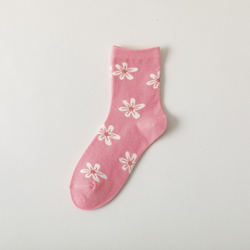 

1pair Flower Pattern Crew Socks, Pink