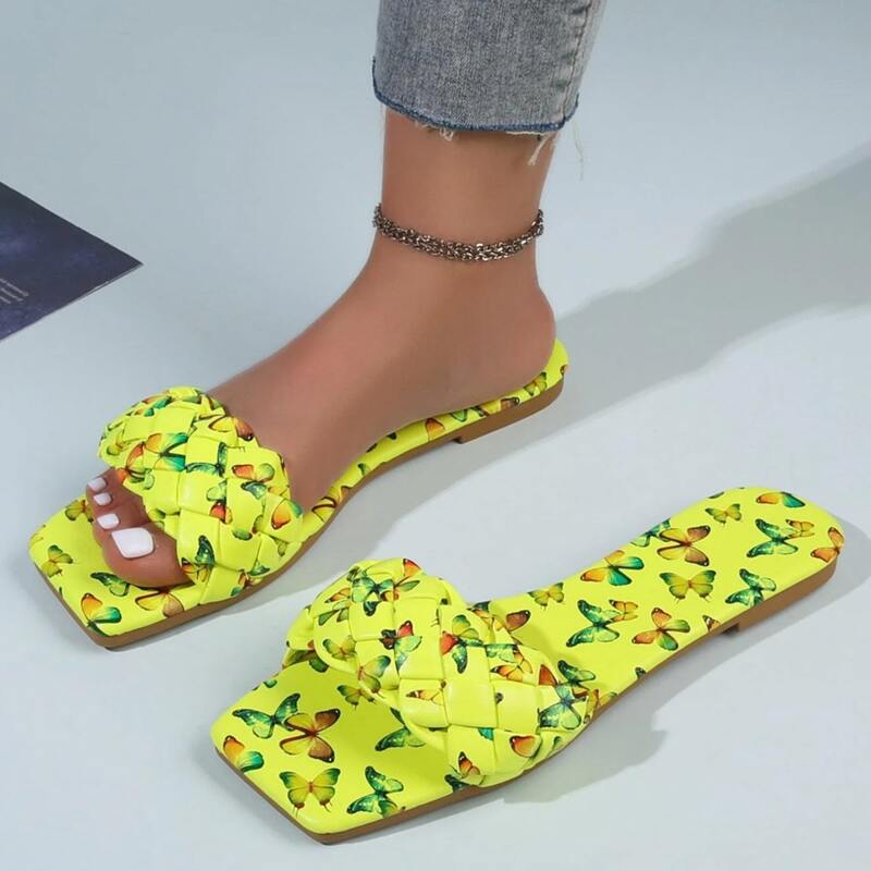 

Neon Lime Butterfly Print Slide Sandals, Yellow
