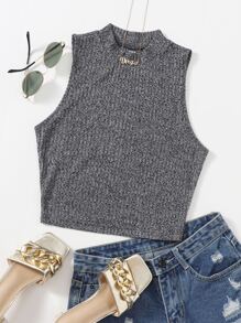 SHEIN EZwear Solid Crop Rib-knit Tank Top - Dark Grey - View 1