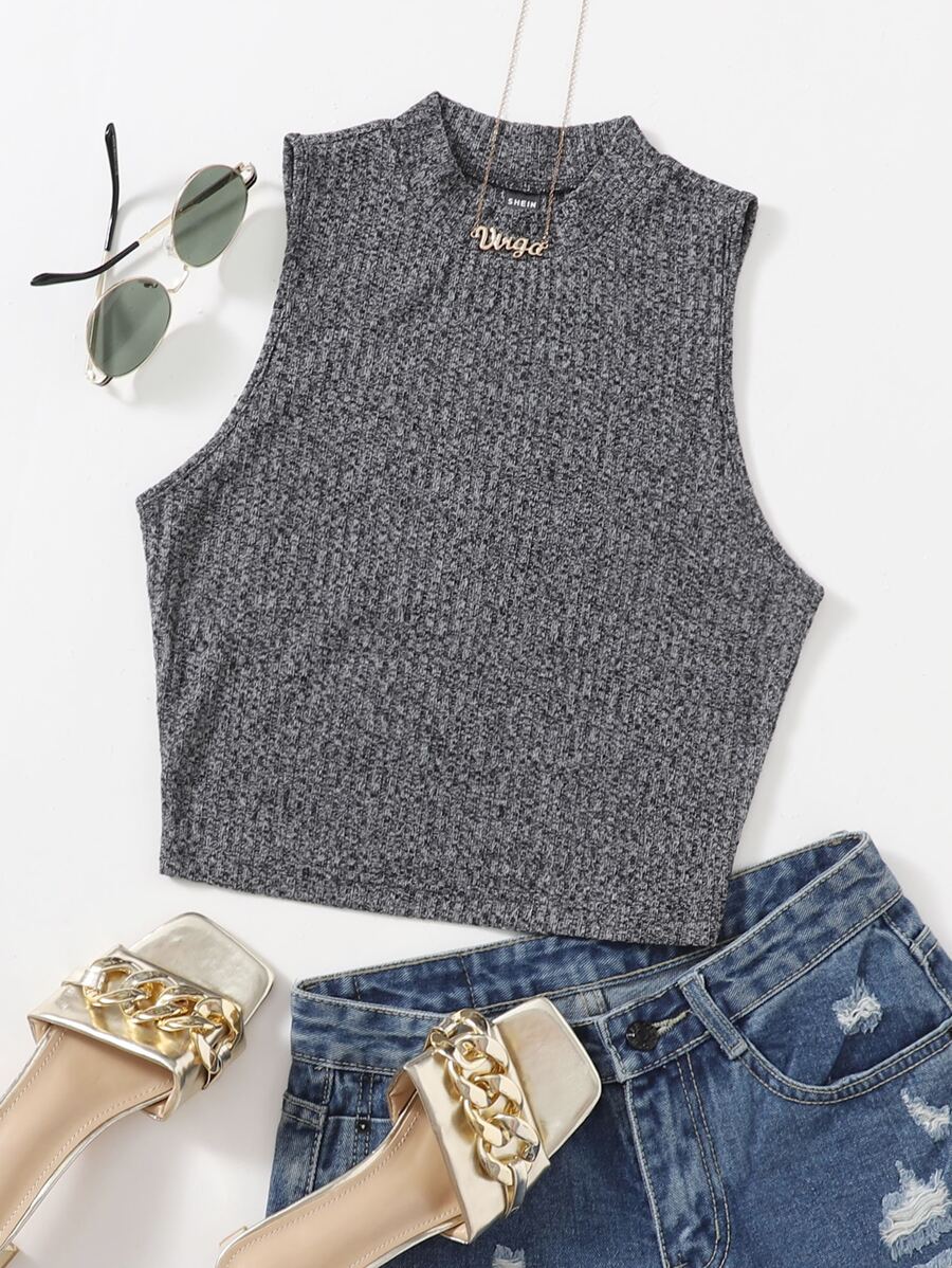 SHEIN EZwear Solid Crop Rib-knit Tank Top - Dark Grey - View 1