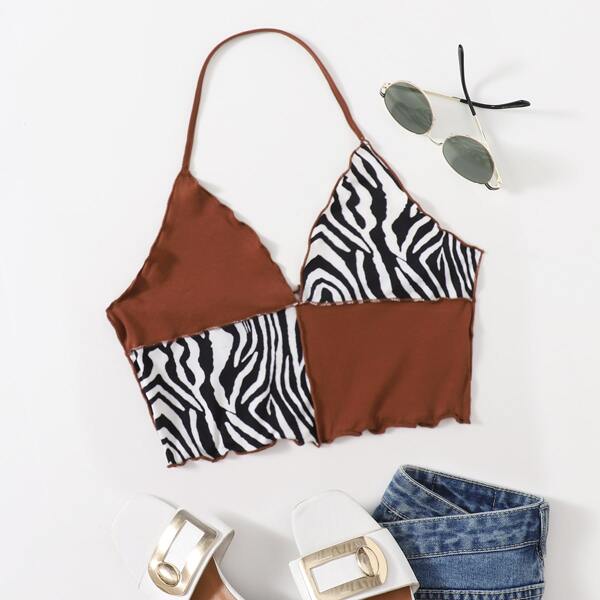 

Zebra Striped Colorblock Crop Halter Top, Multicolor