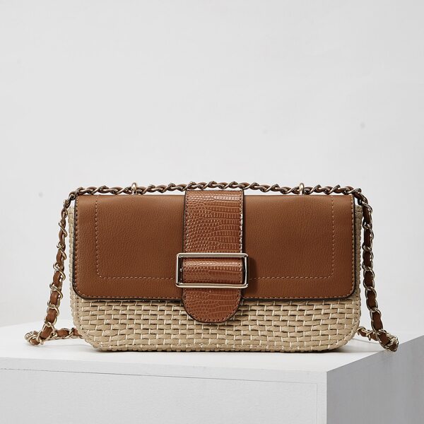 

BUCKLE DECOR STRAW DESIGN SHOULDER BAG, Brown
