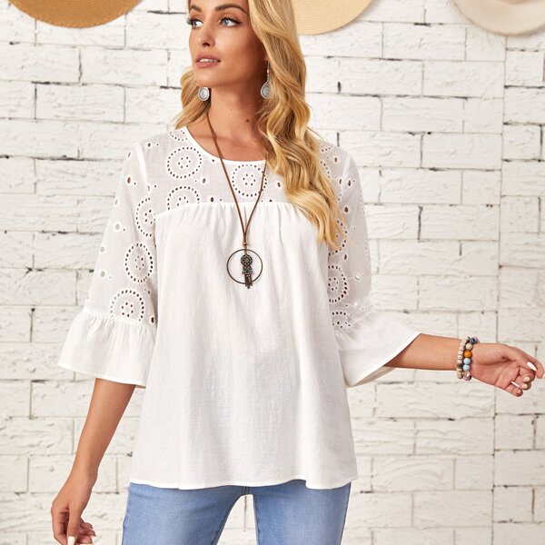 

Solid Eyelet Embroidery Flounce Sleeve Top, White