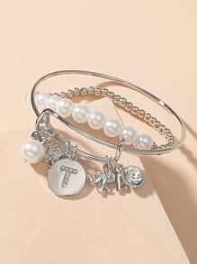 2pcs Faux Pearl Beaded Bracelet - Silver - View 1