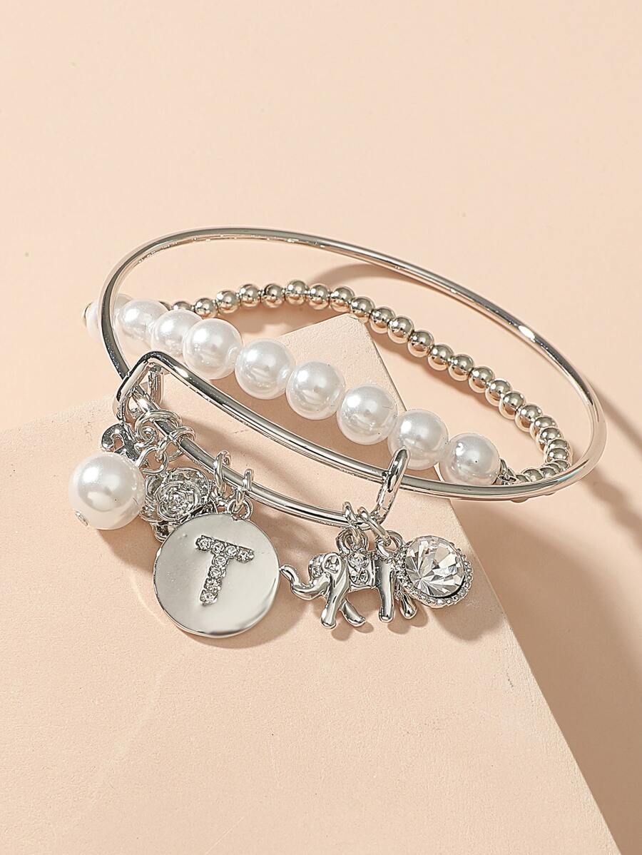 2pcs Faux Pearl Beaded Bracelet - Silver - View 1