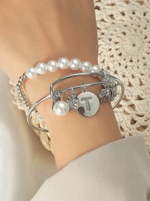 2pcs Faux Pearl Beaded Bracelet - Silver - View 2
