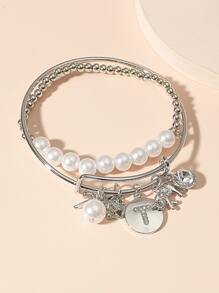 2pcs Faux Pearl Beaded Bracelet - Silver - View 3