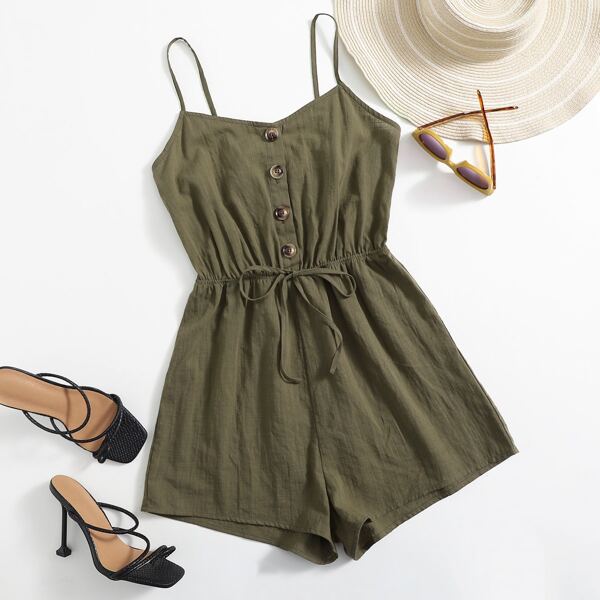 

Plus Button Half Placket Tie Waist Cami Romper, Army green