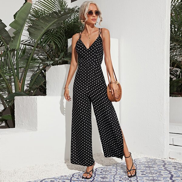

Crisscross Backless Polka Dot Cami Jumpsuit, Black and white