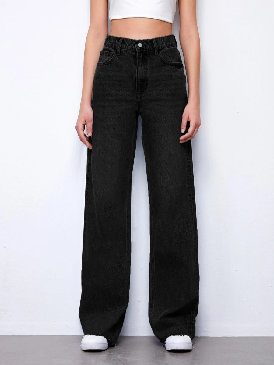 SHEIN High Waisted Raw Hem Light Wash Jeans - Black - View 1