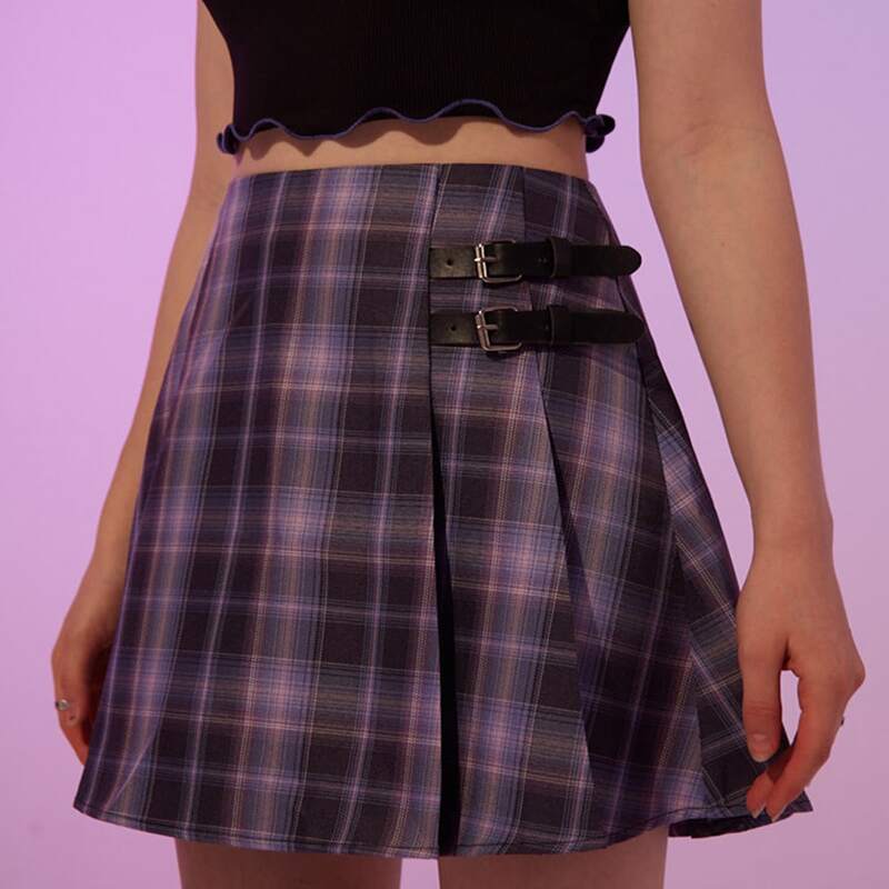 

Plaid Pleated Buckle Skirt, Multicolor