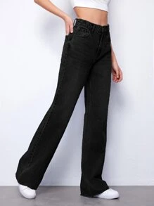 SHEIN High Waisted Raw Hem Light Wash Jeans - Black - View 4