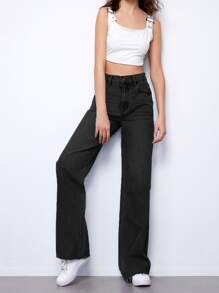 SHEIN High Waisted Raw Hem Light Wash Jeans - Black - View 5