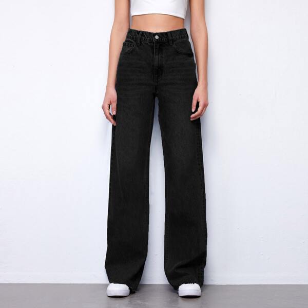 

High Waisted Raw Hem Light Wash Jeans, Black