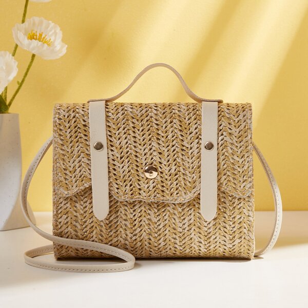 

Straw Satchel Bag, Khaki