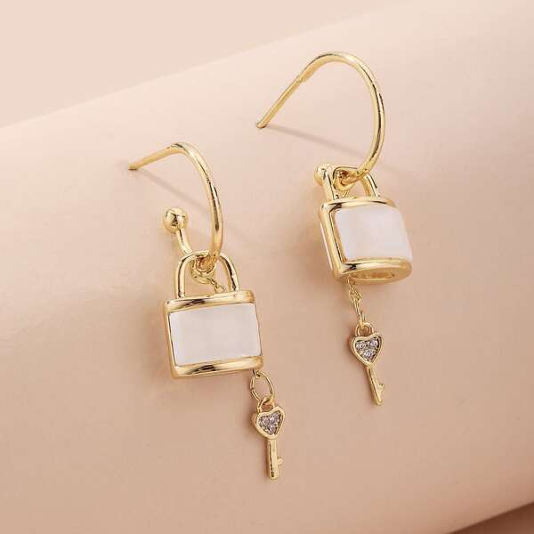 

Lock Key Charm Earrings, Gold