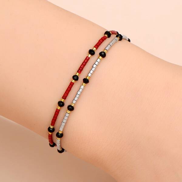 

2pcs Bead Decor Morse Code Bracelet, Multicolor