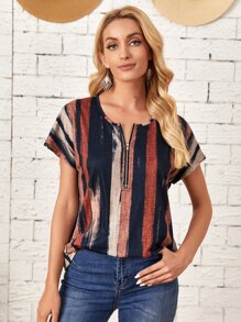 EMERY ROSE Striped Zip Half Placket Tee - Multicolor - View 1