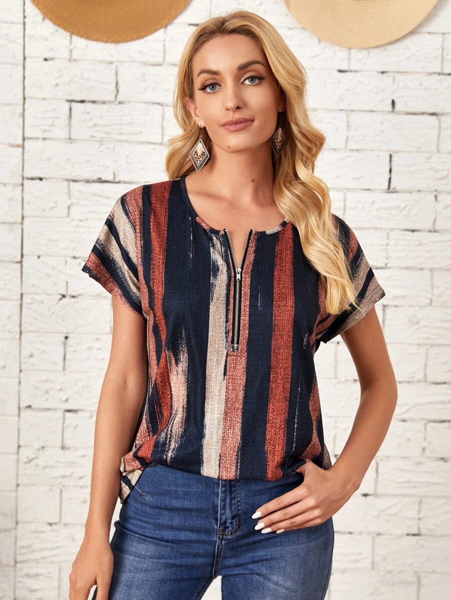 EMERY ROSE Striped Zip Half Placket Tee - Multicolor - View 1