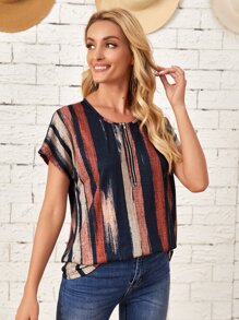 EMERY ROSE Striped Zip Half Placket Tee - Multicolor - View 3