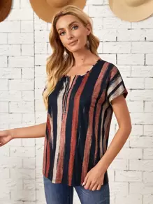 EMERY ROSE Striped Zip Half Placket Tee - Multicolor - View 4