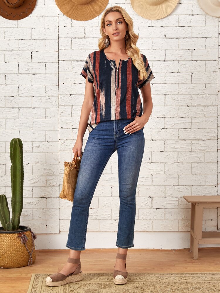 EMERY ROSE Áo thun Dây kéo Khối Màu Sọc Boho - Nhiều màu - Xem 5