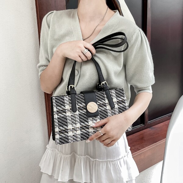 

Plaid Pattern Shoulder Bag, Black
