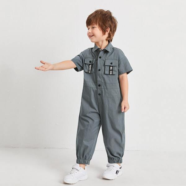 

Toddler Boys Letter Tape Flap Pocket Jumpsuit, Dark grey