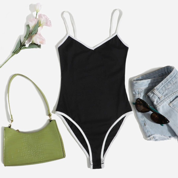 

Contrast Binding Cami Bodysuit, Black