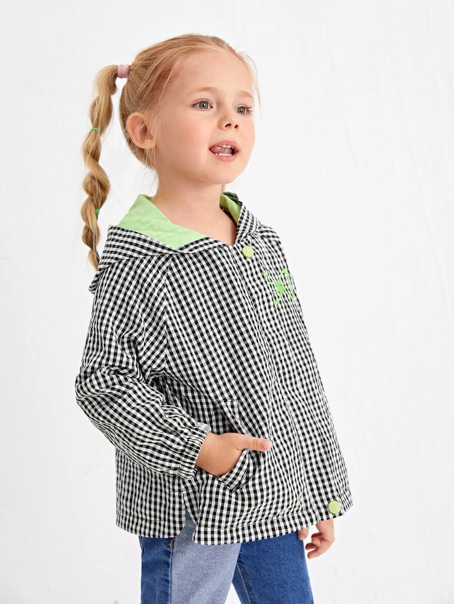 SHEIN 小女童格子圖案拉鏈開襟連帽夾克 - 黑與白 - 查看 1