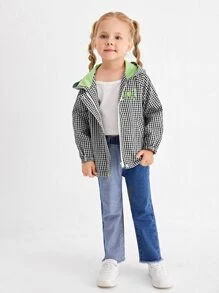 SHEIN 小女童格子圖案拉鏈開襟連帽夾克 - 黑與白 - 查看 3
