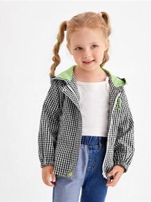 SHEIN 小女童格子圖案拉鏈開襟連帽夾克 - 黑與白 - 查看 4