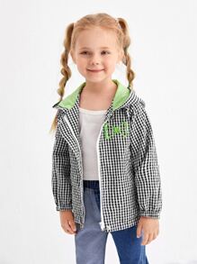 SHEIN 小女童格子圖案拉鏈開襟連帽夾克 - 黑與白 - 查看 5