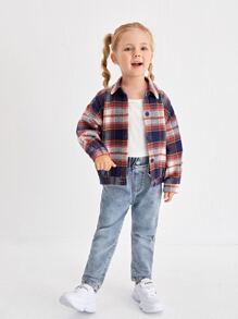 SHEIN Toddler Girls Tartan Collared Button Through Jacket - Multicolor - View 3