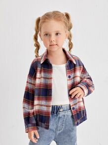 SHEIN Toddler Girls Tartan Collared Button Through Jacket - Multicolor - View 5