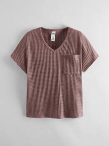 SHEIN Tween Girl V Neck Pocket Front Waffle Knit Tee - Redwood - View 1