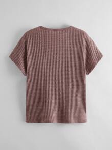 SHEIN Tween Girl V Neck Pocket Front Waffle Knit Tee - Redwood - View 2
