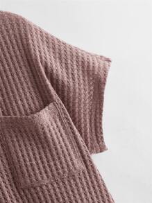 SHEIN Tween Girl V Neck Pocket Front Waffle Knit Tee - Redwood - View 3