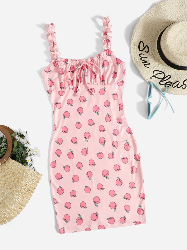 SHEIN Peach Print Tie Front Ruched Bust Bodycon Dress SHEIN USA