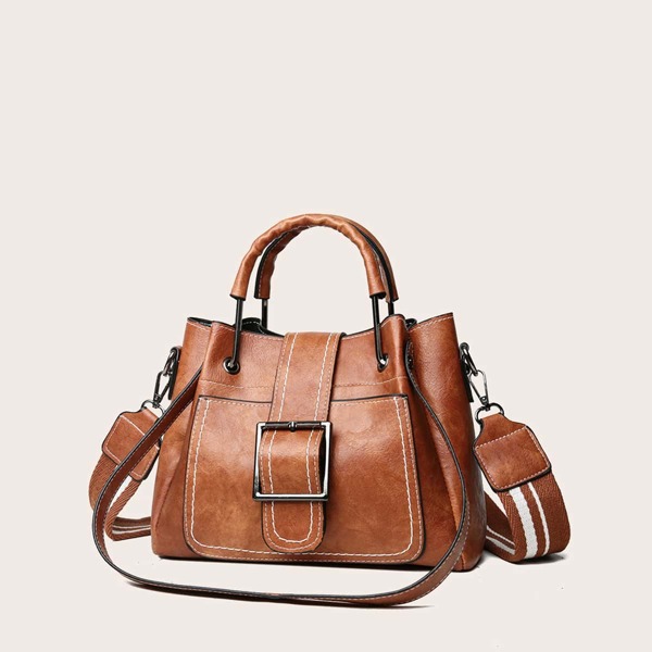 

Stitch Trim Buckle Decor Tote Bag, Brown
